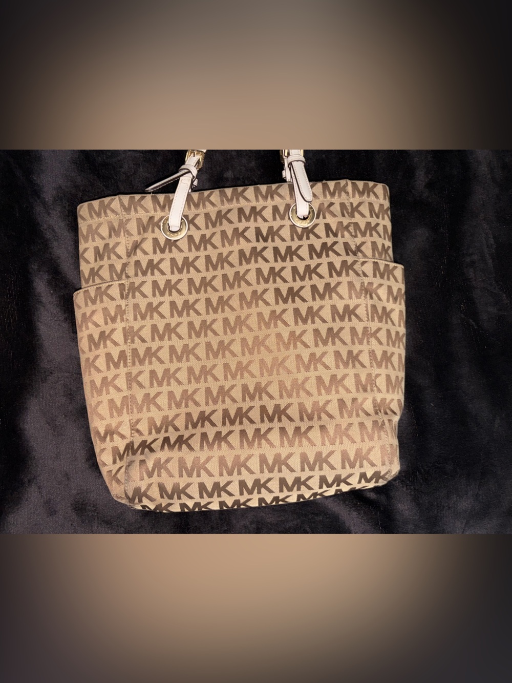 Michael Kors Beige MK Monogram Tote with White Straps